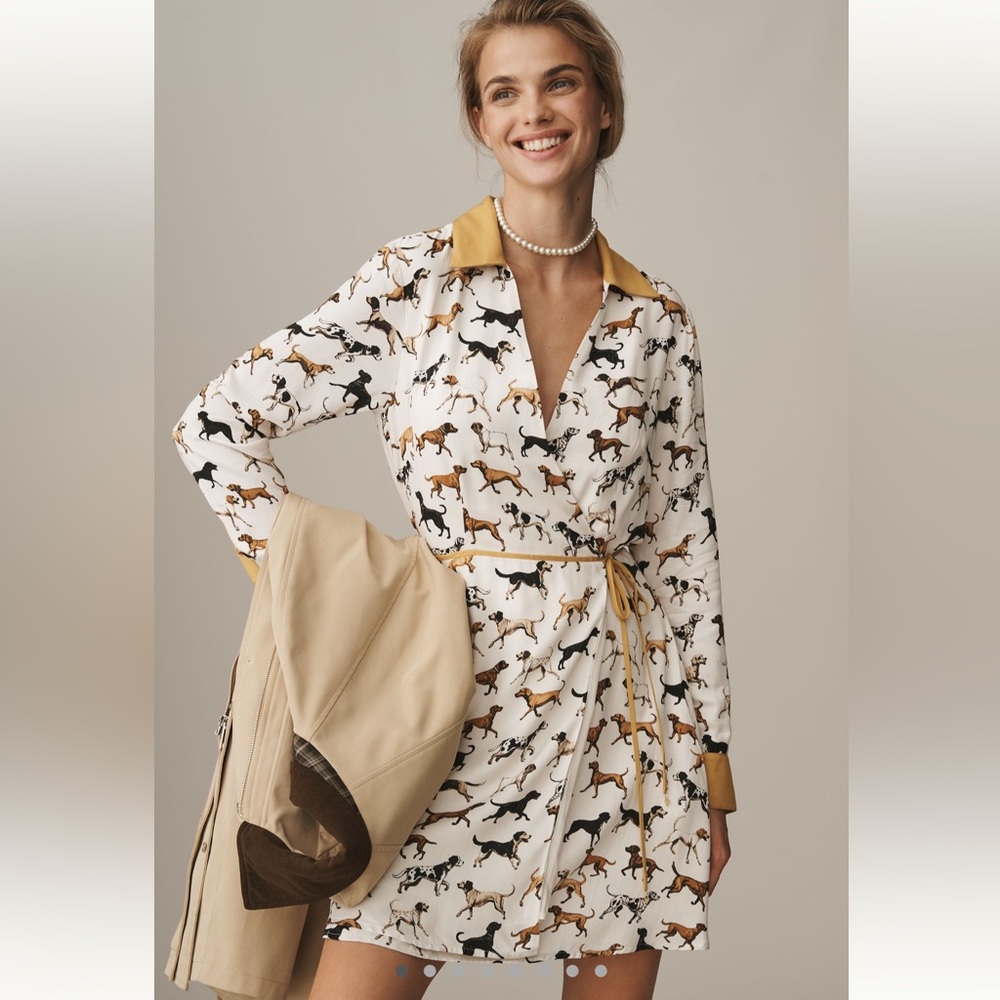 Anthropologie White Dog-Print Long-Sleeve Wrap Dress with Mustard Trim